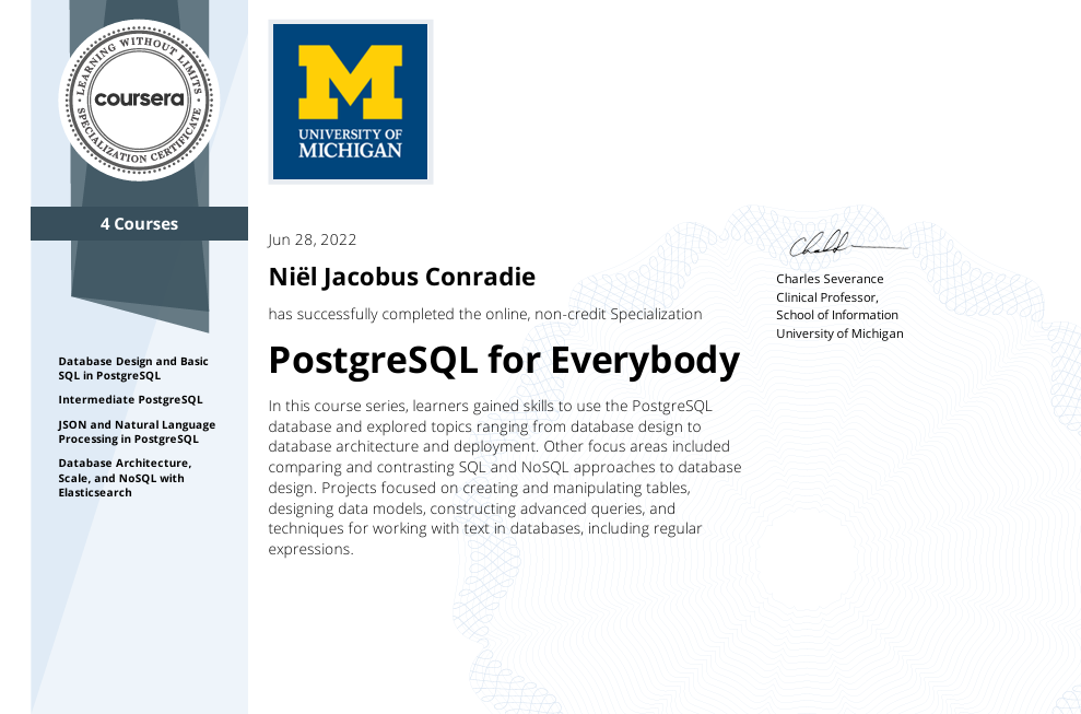 PostgreSQL for Everybody Specialization