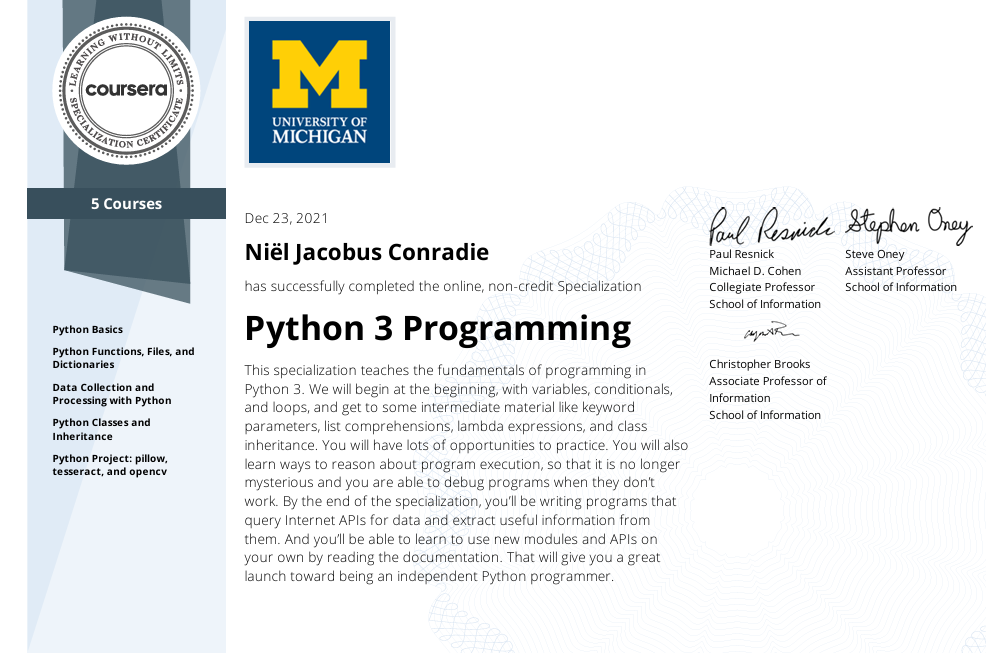 Python 3 Programming Specialization